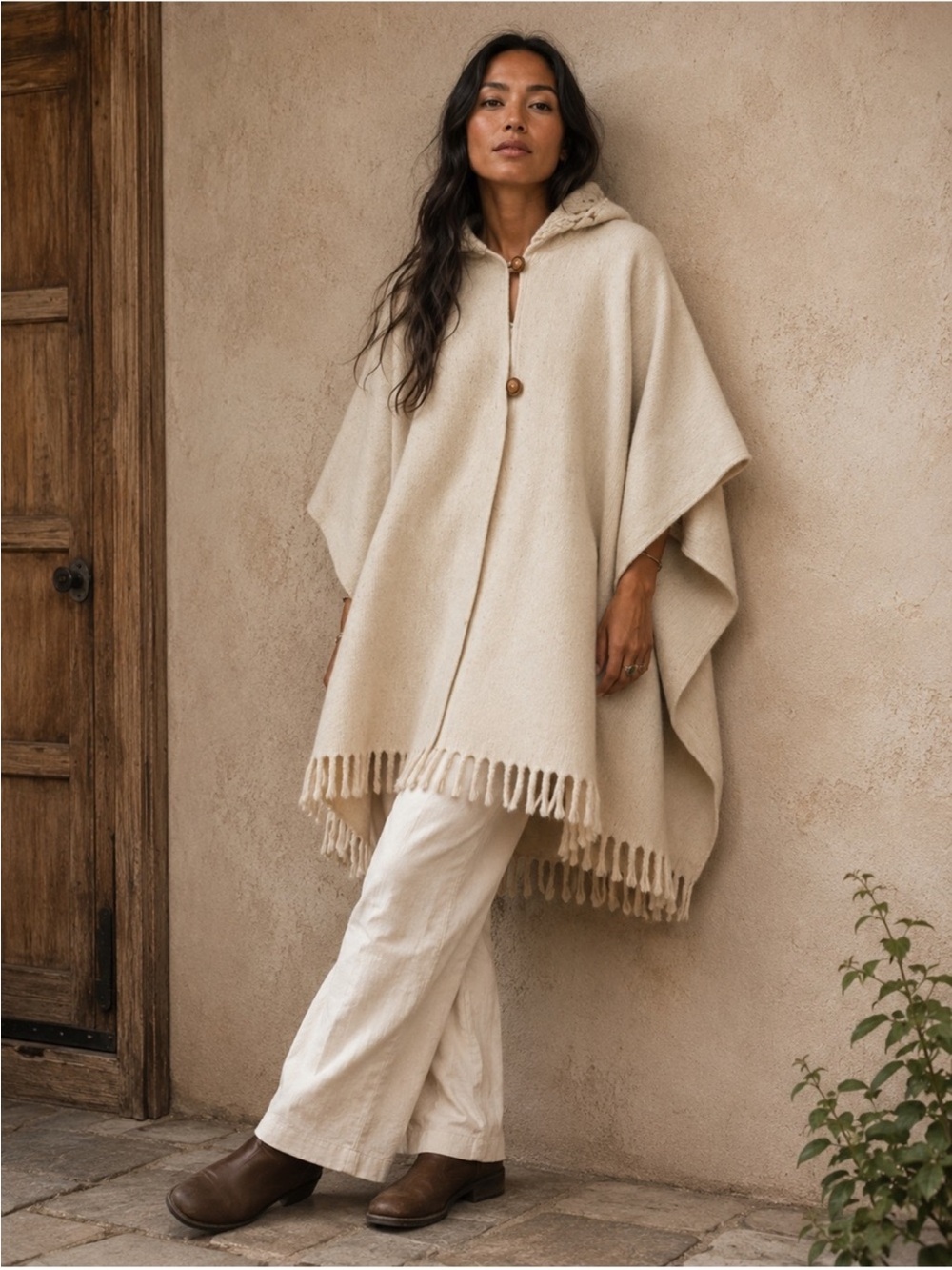 Vintage Wool Capelet Poncho Fringe Knit Collar cream natural hippie earth